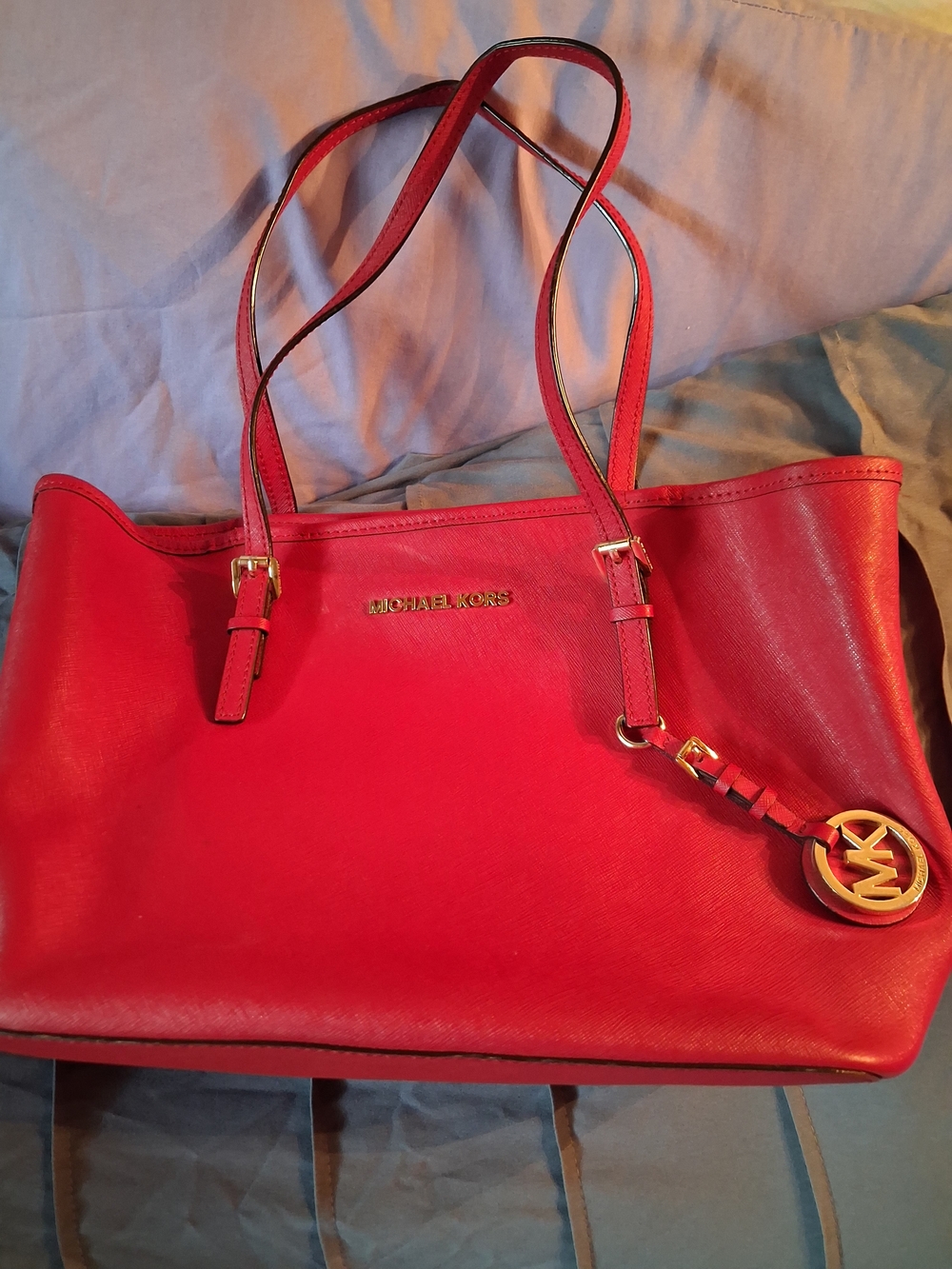 Michael Kors Red Saffiano Leather Tote with Logo Charm
